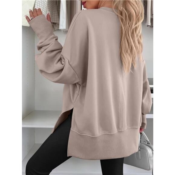 Side Slit Round Neck Long Sleeve Sweatshirt - Picture 14 of 16